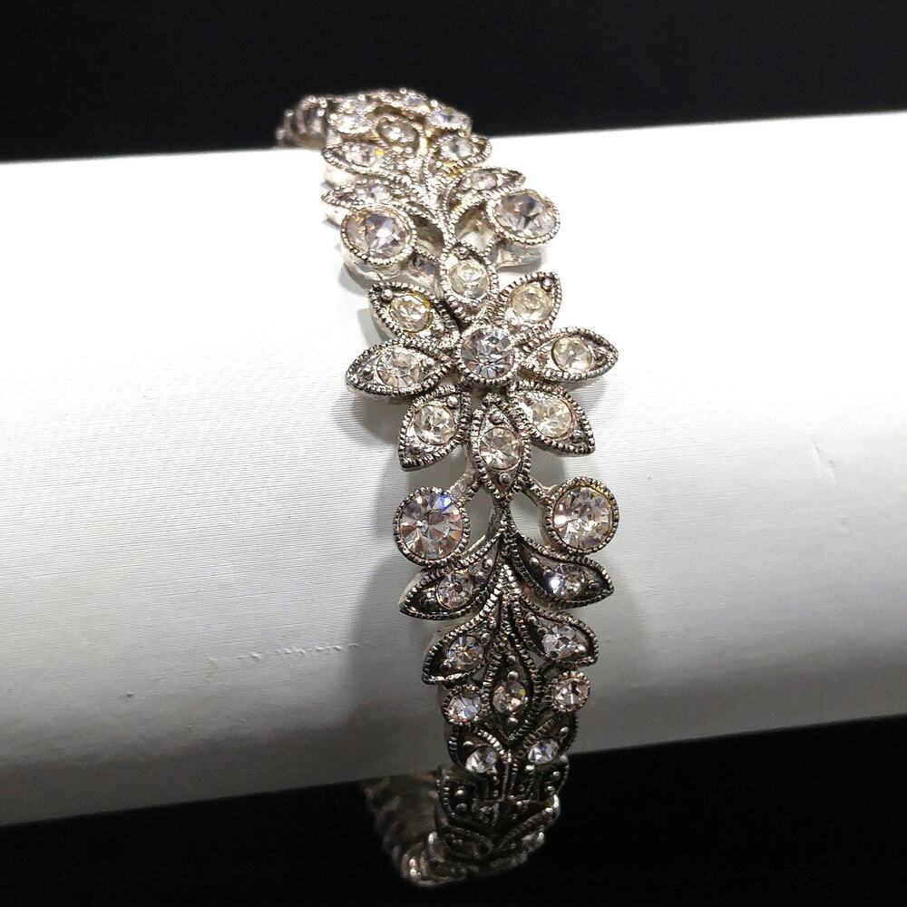 Vintage Rhinestone Faux Marcasite Floral Bracelet Silver Tone